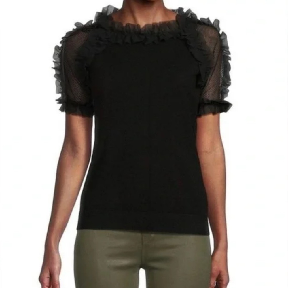 Sioni Milano Black Mesh Ruffle Sleeve Short Sleeve Sweater - Sz L